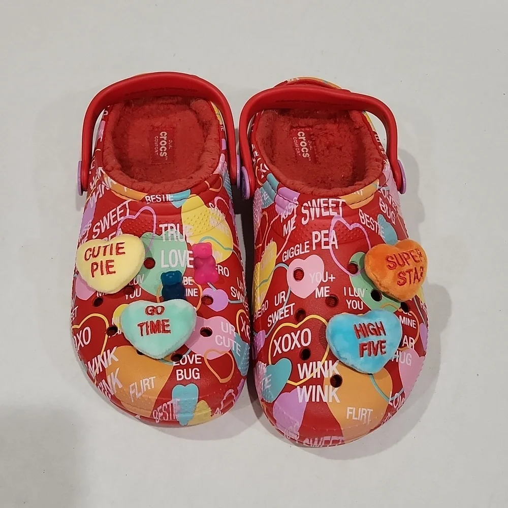 CROCS Red and Pink Slippers with Fun Patterns